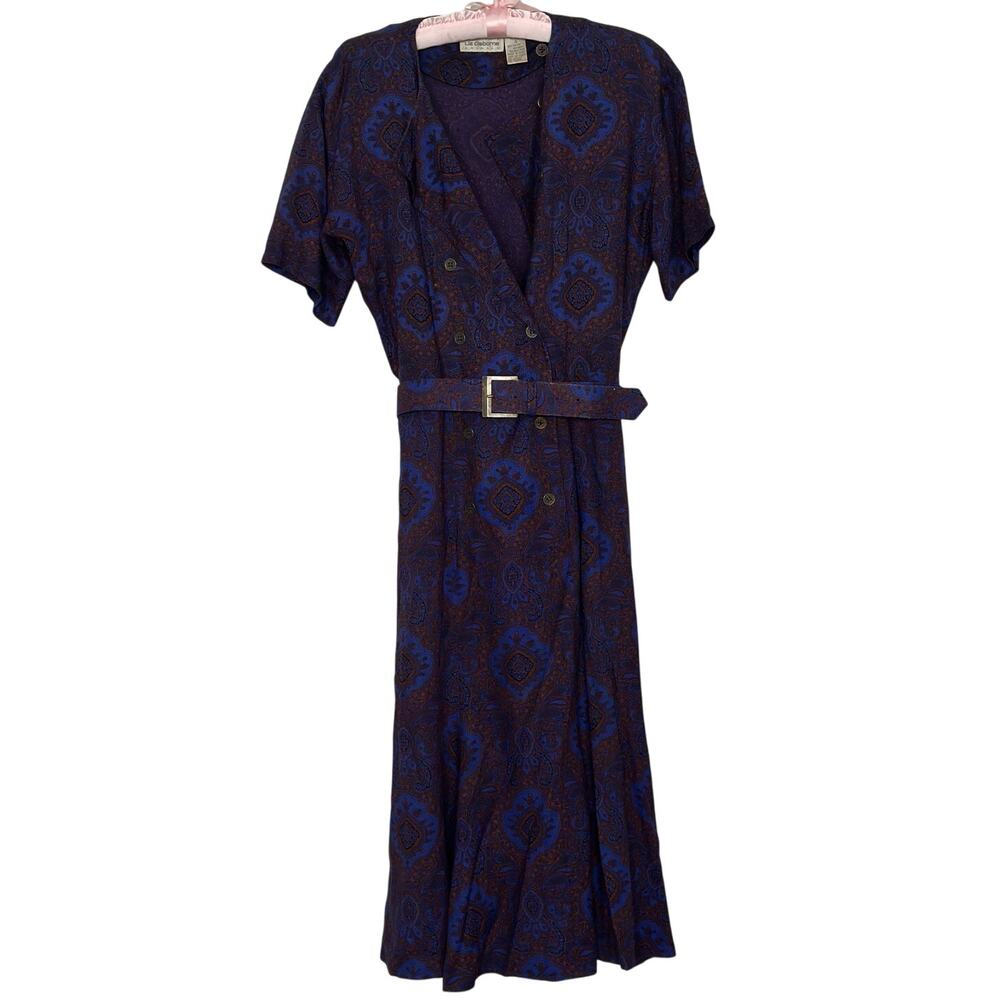 Vintage 4P 80s Paisley Purple Liz Claiborne Short Sleeve Midi Dress Boho Chic